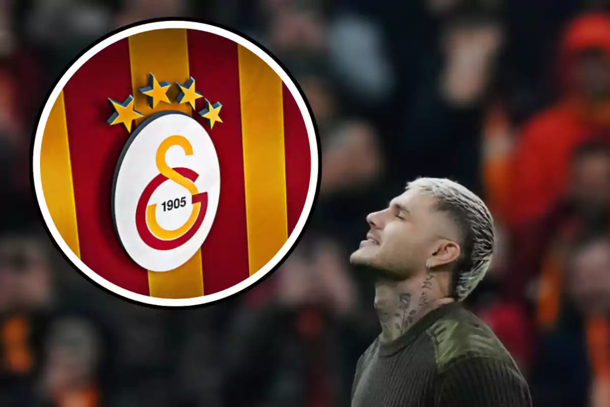 Un hombre con cabello rubio y tatuajes en el cuello está de perfil con los ojos cerrados, junto a un escudo del Galatasaray con cuatro estrellas.