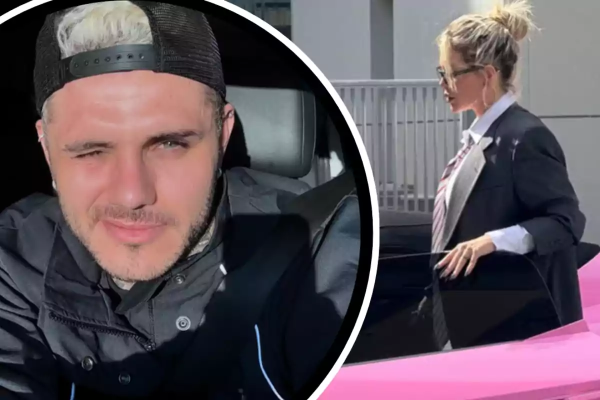 Un hombre con gorra negra y cabello rubio posa para una selfie mientras una mujer con gafas de sol y saco oscuro se encuentra junto a un auto rosa