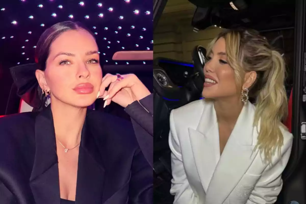 Two women pose inside a car, one wearing a black blazer and the other a white blazer; both look elegant and are well made up. Two women pose inside a car, one wearing a black blazer and the other a white blazer; both look elegant and are well made up.