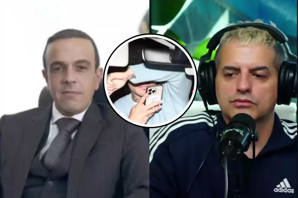 Two men appear in the image, one in a suit and the other with headphones and a microphone, while in the center there is a circle with a person covering their face with their arm and holding a phone.