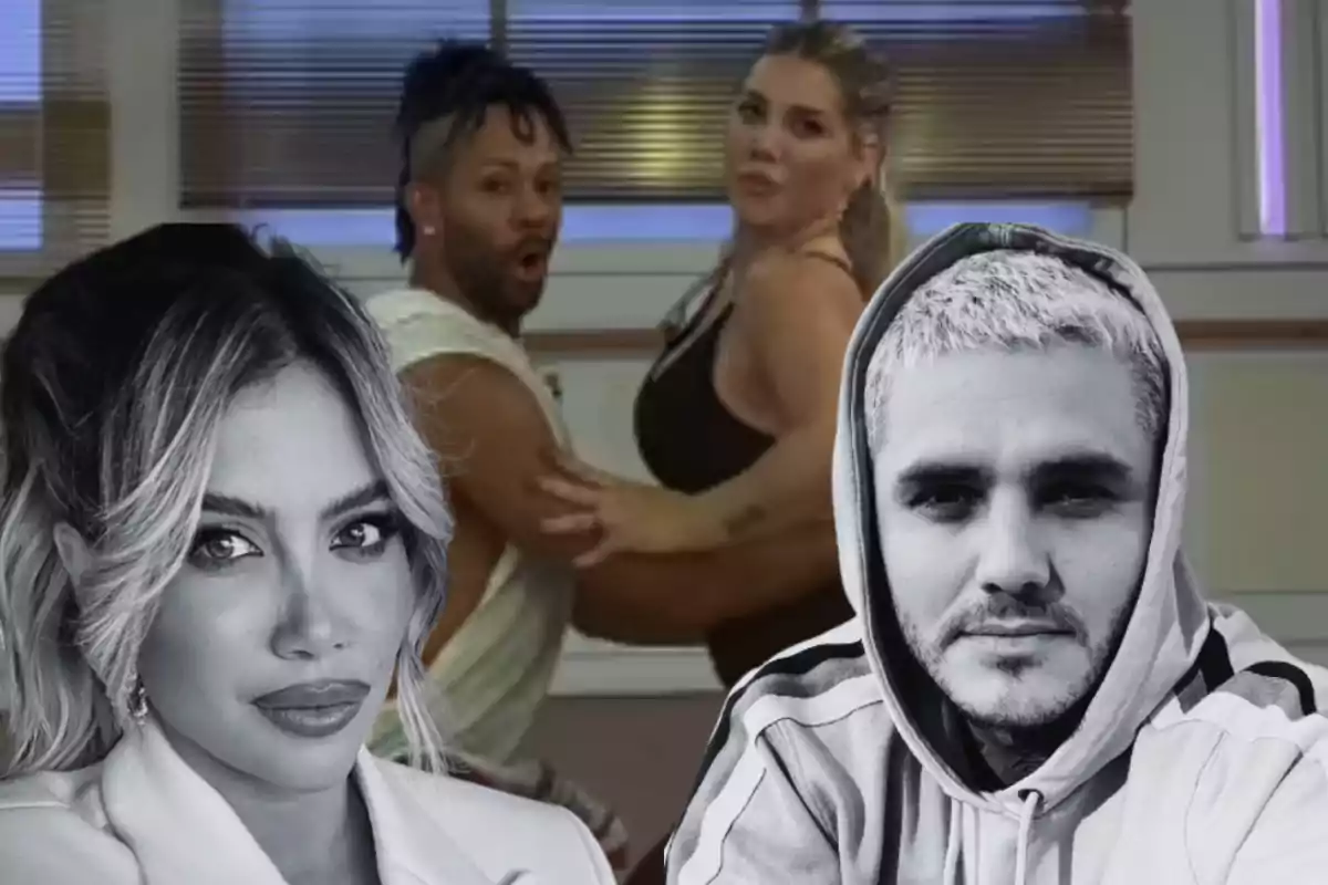 Two people dancing in the background while the black-and-white faces of a woman and a man appear in the foreground.