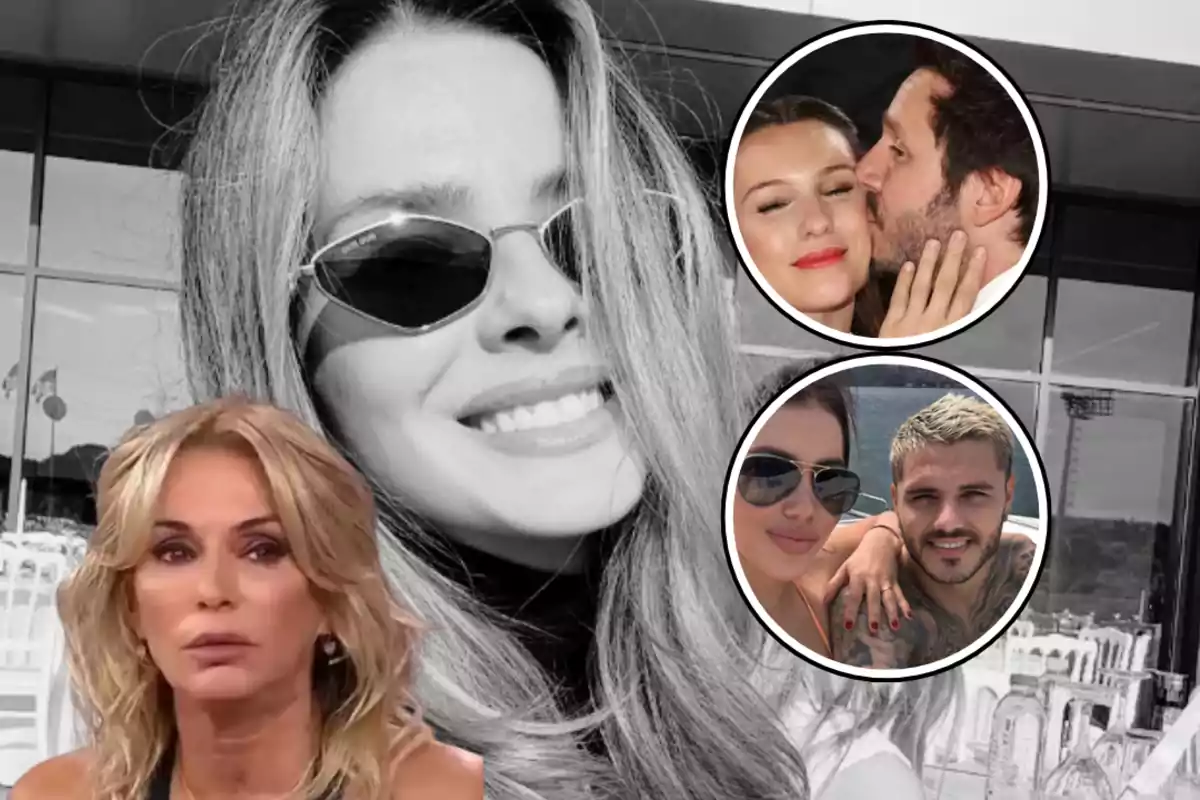 Collage of several people where a blonde woman appears in the foreground, a smiling woman with sunglasses is in the black-and-white background, and two circular frames show a couple hugging and another couple in a boat.