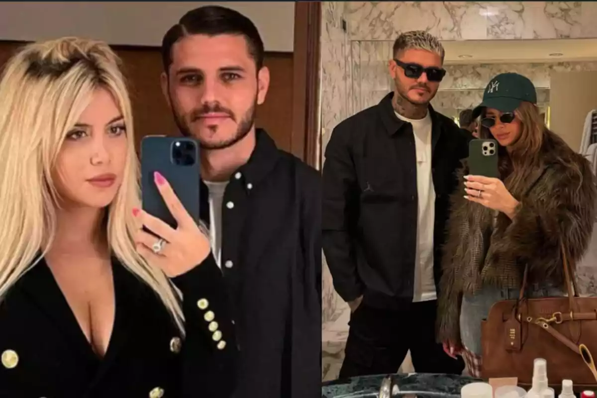 Two couples pose for selfies in front of a mirror, each in a different setting, showcasing different clothing styles, and both using their cell phones to take the picture. Two couples pose for selfies in front of a mirror, each in a different setting, showcasing different clothing styles, and both using their cell phones to take the picture.