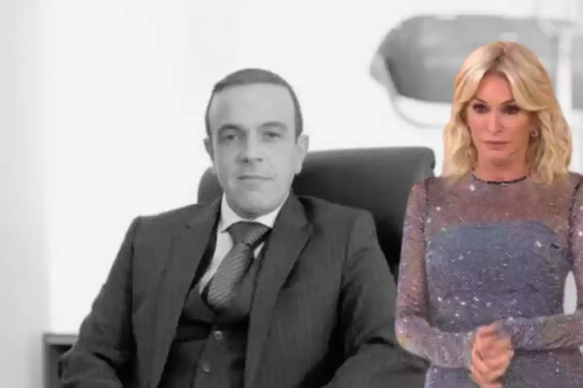 A man in a dark suit sitting on a chair and a blonde woman standing in a shiny dress in front of a light background
