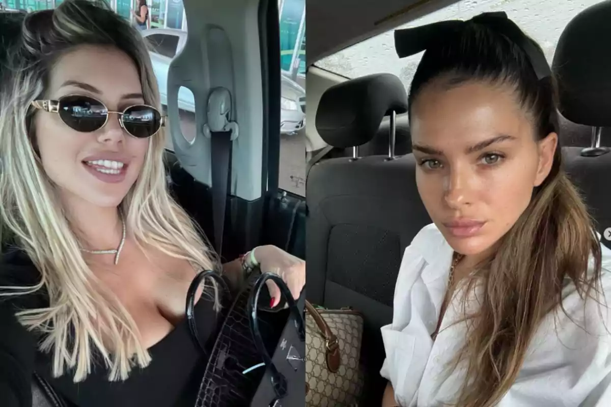 Two young women pose for selfies inside a car; one is wearing sunglasses and has loose blonde hair, while the other has brown hair tied back with a black ribbon and is wearing a white jersey. Two young women pose for selfies inside a car; one is wearing sunglasses and has loose blonde hair, while the other has brown hair tied back with a black ribbon and is wearing a white jersey.