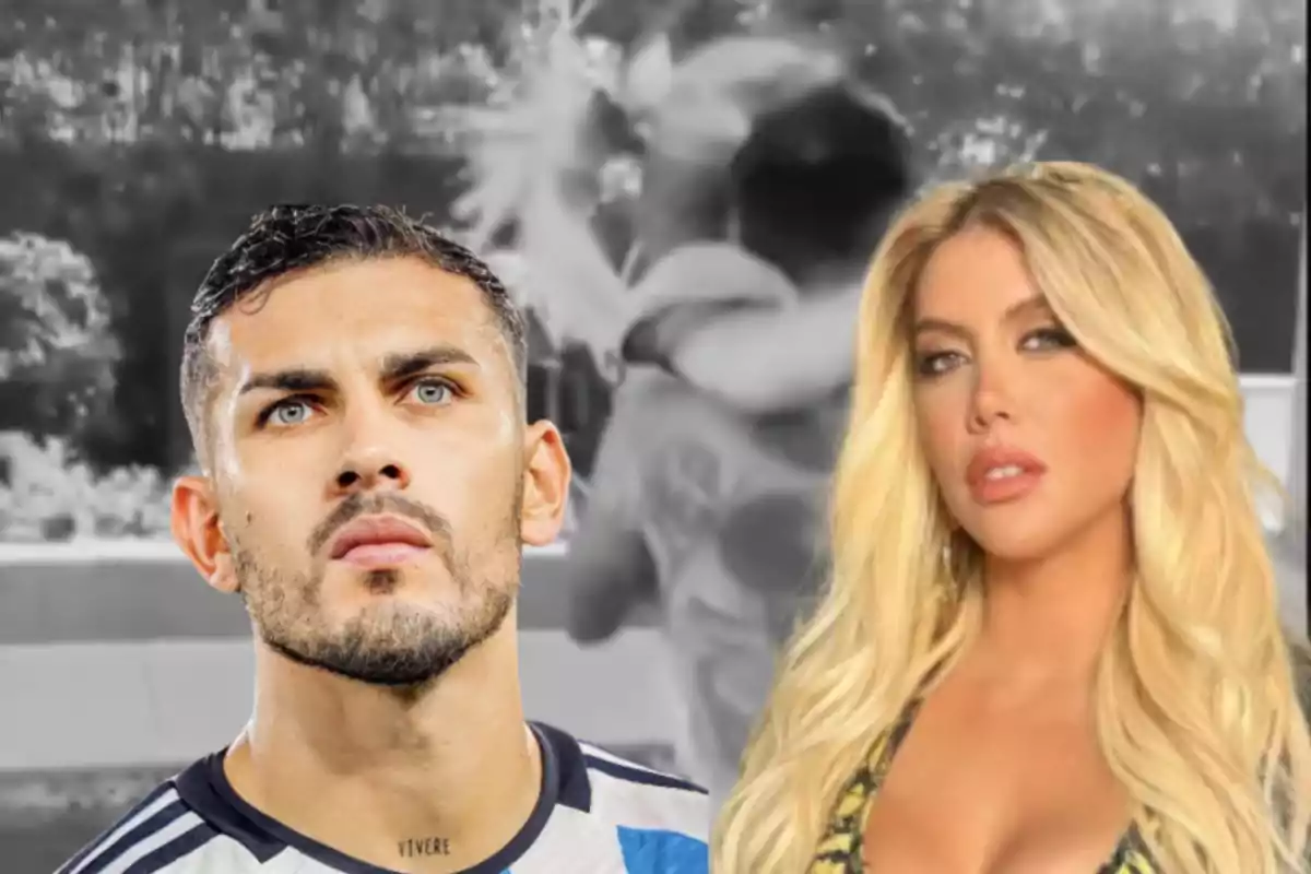 A man in a sports jersey and a blonde woman pose in front of a blurred black and white background.
