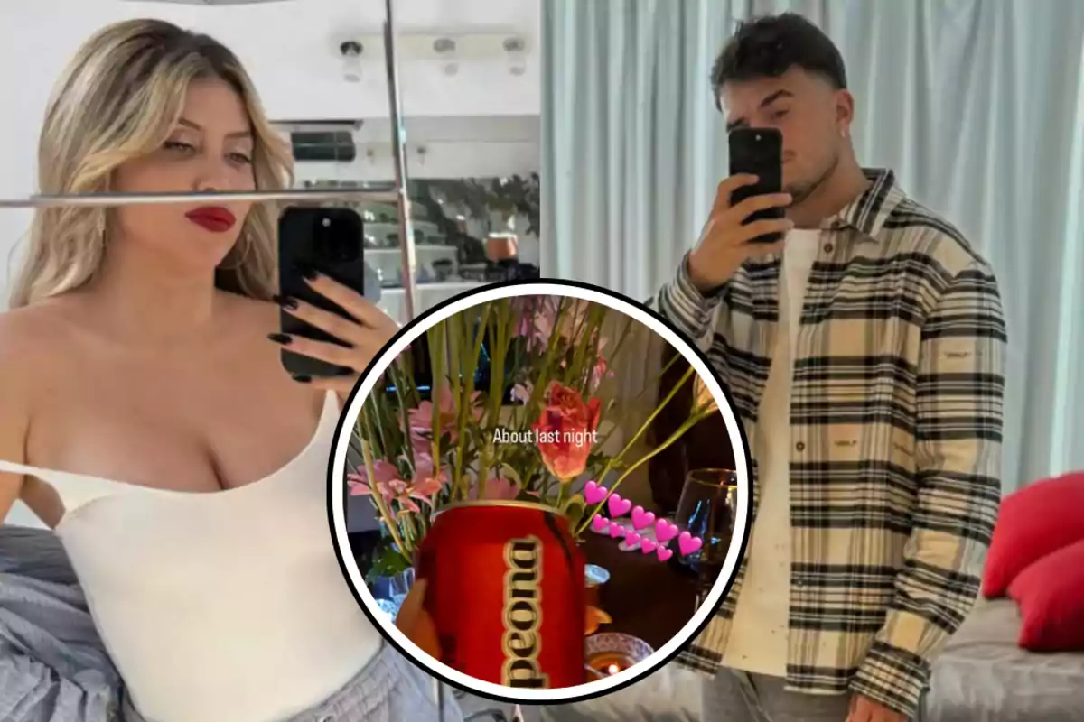 Una mujer y un hombre se toman selfies frente a un espejo, mientras que en el centro hay una imagen circular de una bebida frente a un ramo de flores con la frase "About last night" y varios corazones rosas.