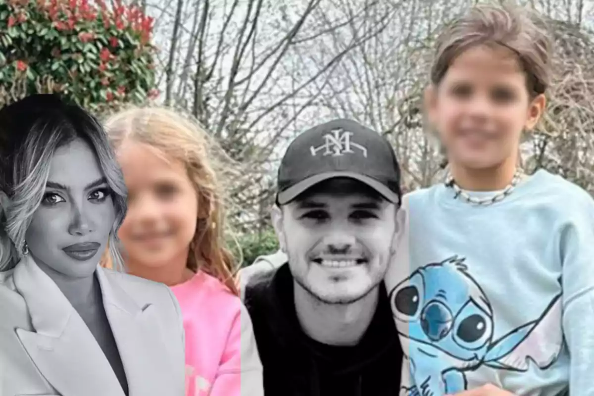 A man wearing a cap and two girls smile outdoors while a woman appears in black and white in the left corner of the image.
