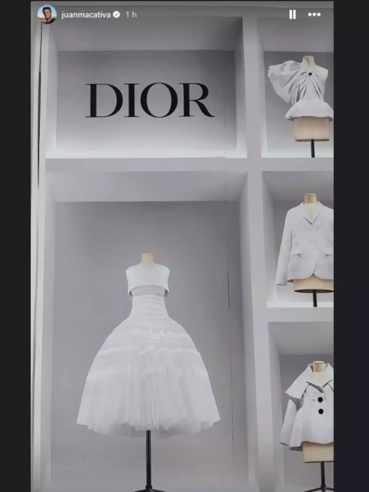 Dior showcase featuring mannequins with white dresses and suits. Dior showcase featuring mannequins with white dresses and suits.