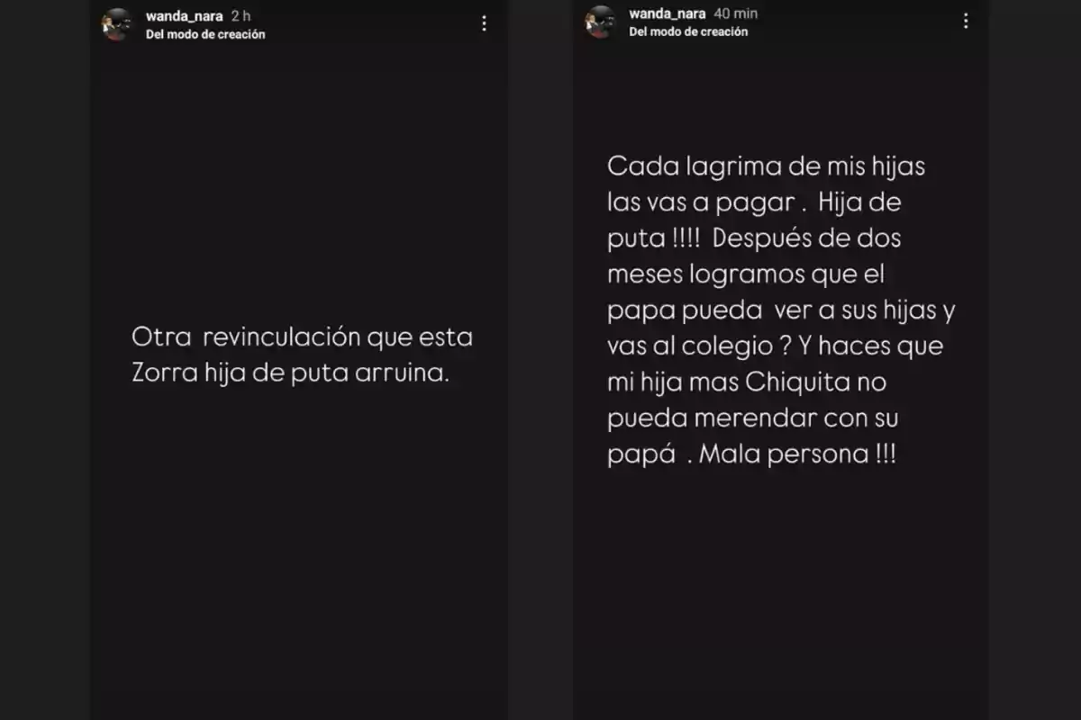 Captura de pantalla de dos historias de Instagram con fondo negro y texto en blanco, donde una persona expresa enojo y utiliza insultos hacia otra, mencionando problemas familiares y dificultades para que un padre vea a sus hijas. Captura de pantalla de dos historias de Instagram con fondo negro y texto en blanco, donde una persona expresa enojo y utiliza insultos hacia otra, mencionando problemas familiares y dificultades para que un padre vea a sus hijas.