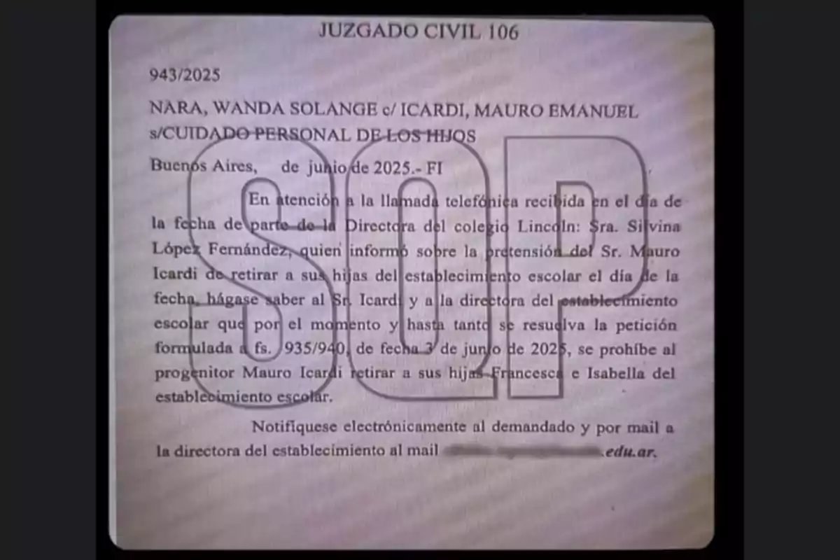Court document from Civil Court 106 of Buenos Aires regarding the personal care of the children between Wanda Nara and Mauro Icardi, prohibiting the parent from removing their daughters from the school until the petition is solved. Court document from Civil Court 106 of Buenos Aires regarding the personal care of the children between Wanda Nara and Mauro Icardi, prohibiting the parent from removing their daughters from the school until the petition is solved.