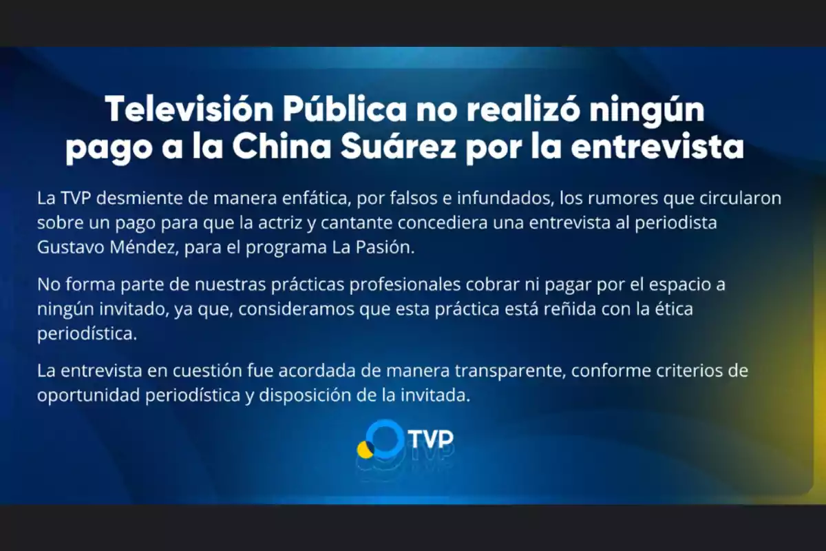 Public Television denies having paid China Suárez for an interview, stating that it is not part of their professional practices and that the interview was arranged transparently. Public Television denies having paid China Suárez for an interview, stating that it is not part of their professional practices and that the interview was arranged transparently.