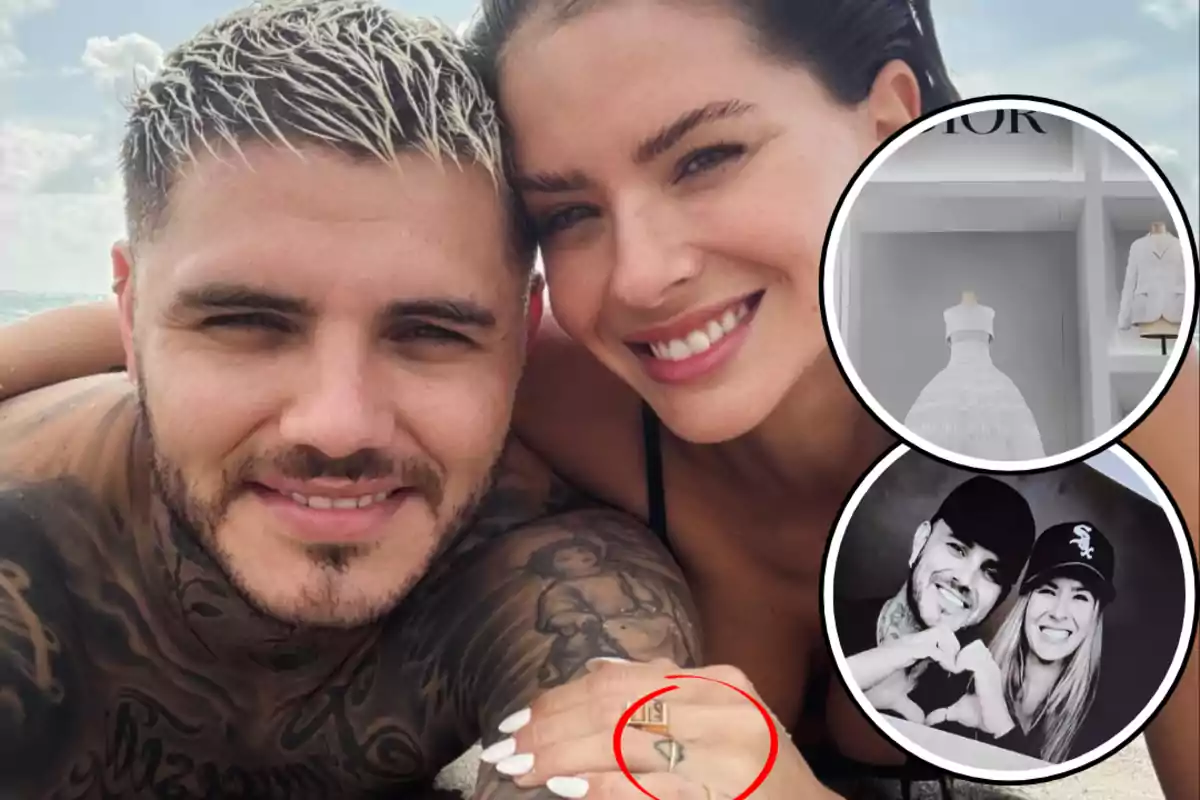 A smiling couple on the beach with visible tattoos on the man's arm and two overlapping circular images showing a wedding dress and a black and white photo of the couple making a heart with their hands.
