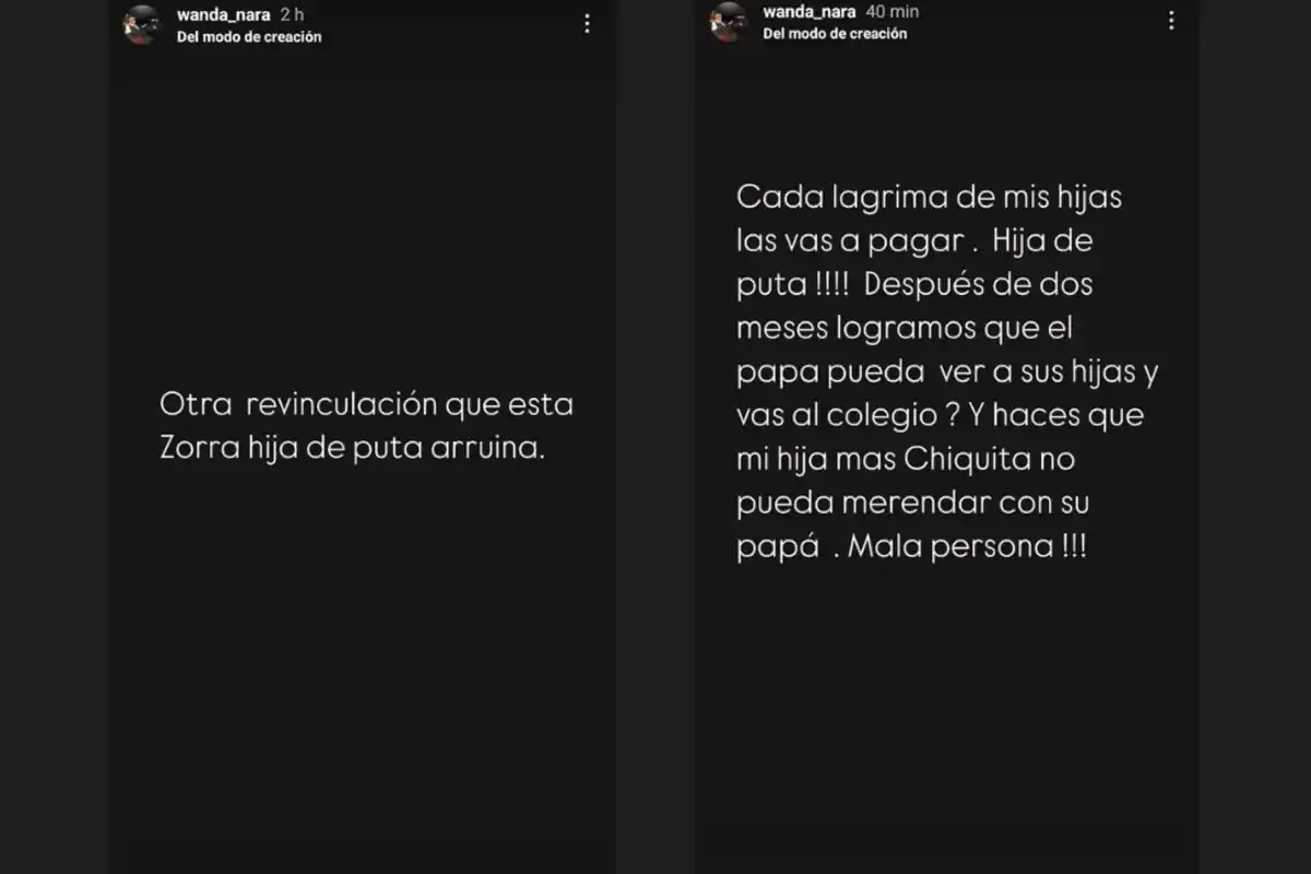 Screenshot of two Instagram stories with a black background and white text, where a person expresses anger and uses insults toward another, mentioning family issues related to the relationship between a father and his daughters. Screenshot of two Instagram stories with a black background and white text, where a person expresses anger and uses insults toward another, mentioning family issues related to the relationship between a father and his daughters.