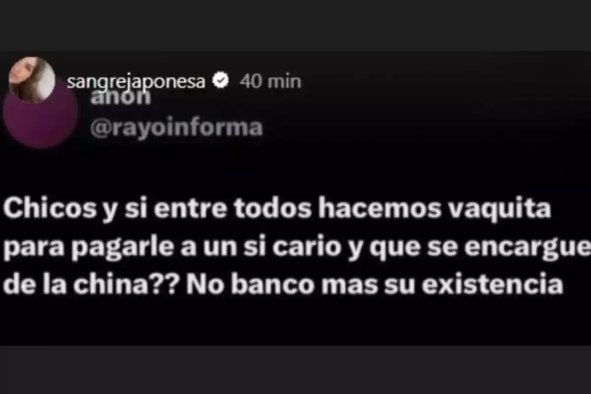 Social media post with a black background and white text suggesting to pool money so someone can take care of a person called Social media post with a black background and white text suggesting to pool money so someone can take care of a person called