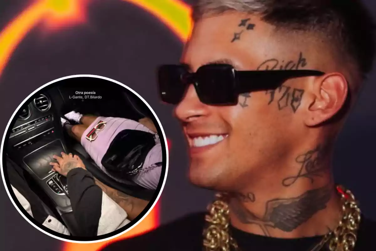 A man with tattoos on his face and neck smiles while wearing sunglasses and a gold chain, with an inserted image of a tattooed hand on a car console and a person sitting next to him.