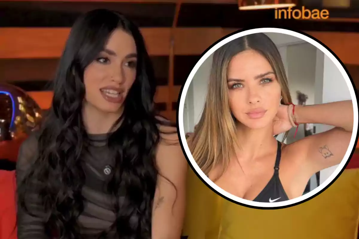 Mujer de cabello largo y oscuro hablando en una entrevista con una imagen circular de otra mujer de cabello claro y tatuaje en el brazo superpuesta en la esquina superior derecha