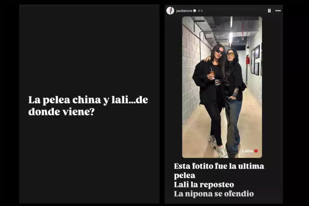 Imagen dividida en dos partes, a la izquierda un fondo negro con texto en blanco que pregunta sobre el origen de una pelea entre China y Lali, y a la derecha una foto de dos mujeres abrazadas en un pasillo, con texto que menciona que esa foto fue la causa de la última pelea entre ellas. Imagen dividida en dos partes, a la izquierda un fondo negro con texto en blanco que pregunta sobre el origen de una pelea entre China y Lali, y a la derecha una foto de dos mujeres abrazadas en un pasillo, con texto que menciona que esa foto fue la causa de la última pelea entre ellas.