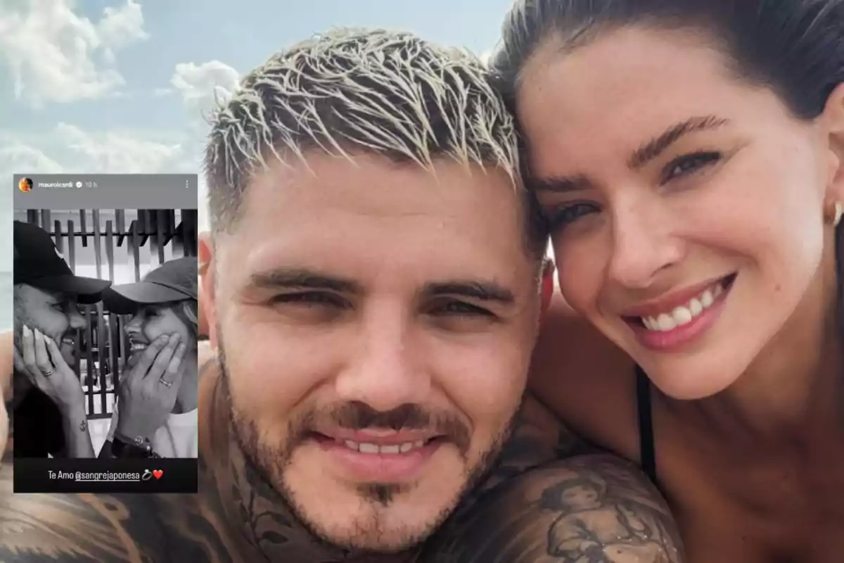 A smiling couple takes a selfie outdoors with the blue sky in the background, and a black and white image of themselves appears in the corner.