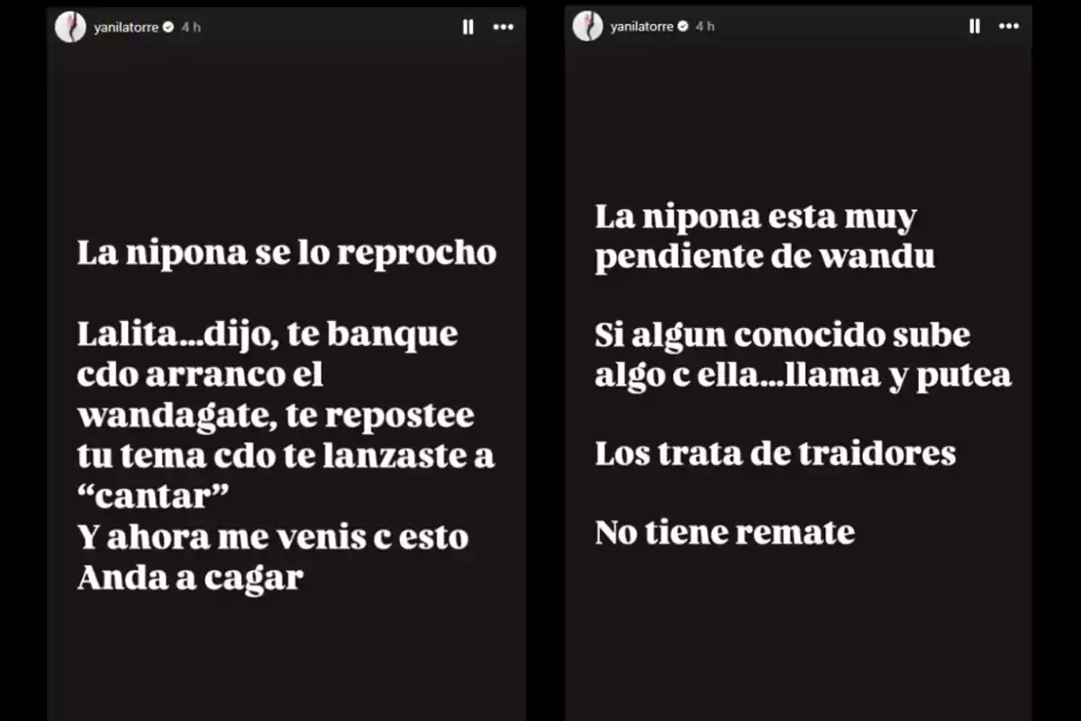 Captura de pantalla de dos historias de Instagram con fondo negro y texto en blanco donde se habla de un conflicto entre dos personas usando apodos y lenguaje coloquial Captura de pantalla de dos historias de Instagram con fondo negro y texto en blanco donde se habla de un conflicto entre dos personas usando apodos y lenguaje coloquial