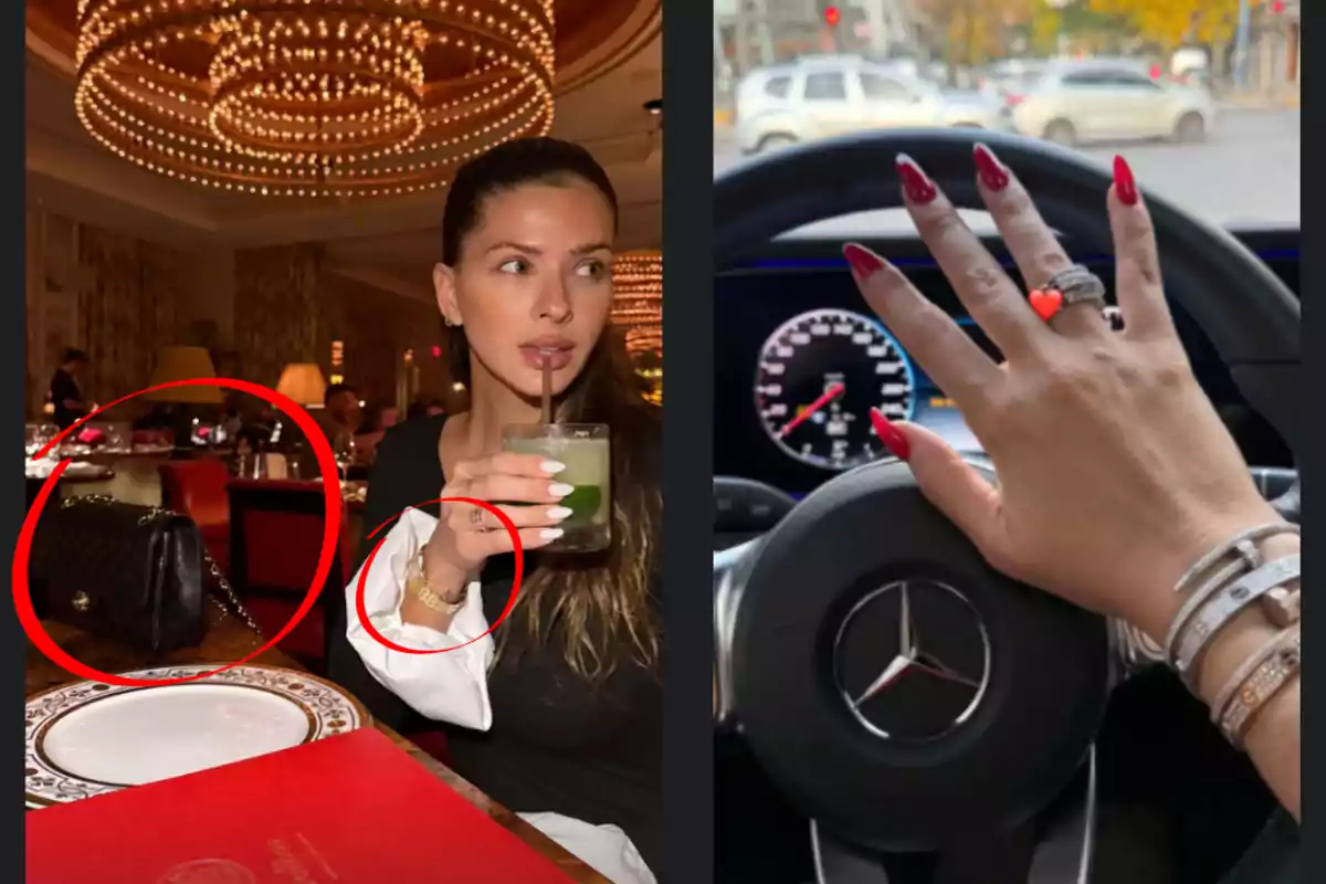 A person in an upscale restaurant holds a drink while a top-level handbag is seen on the table, and in the other image, a hand with red nails and jewelry holds the steering wheel of a Mercedes-Benz car. A person in an upscale restaurant holds a drink while a top-level handbag is seen on the table, and in the other image, a hand with red nails and jewelry holds the steering wheel of a Mercedes-Benz car.