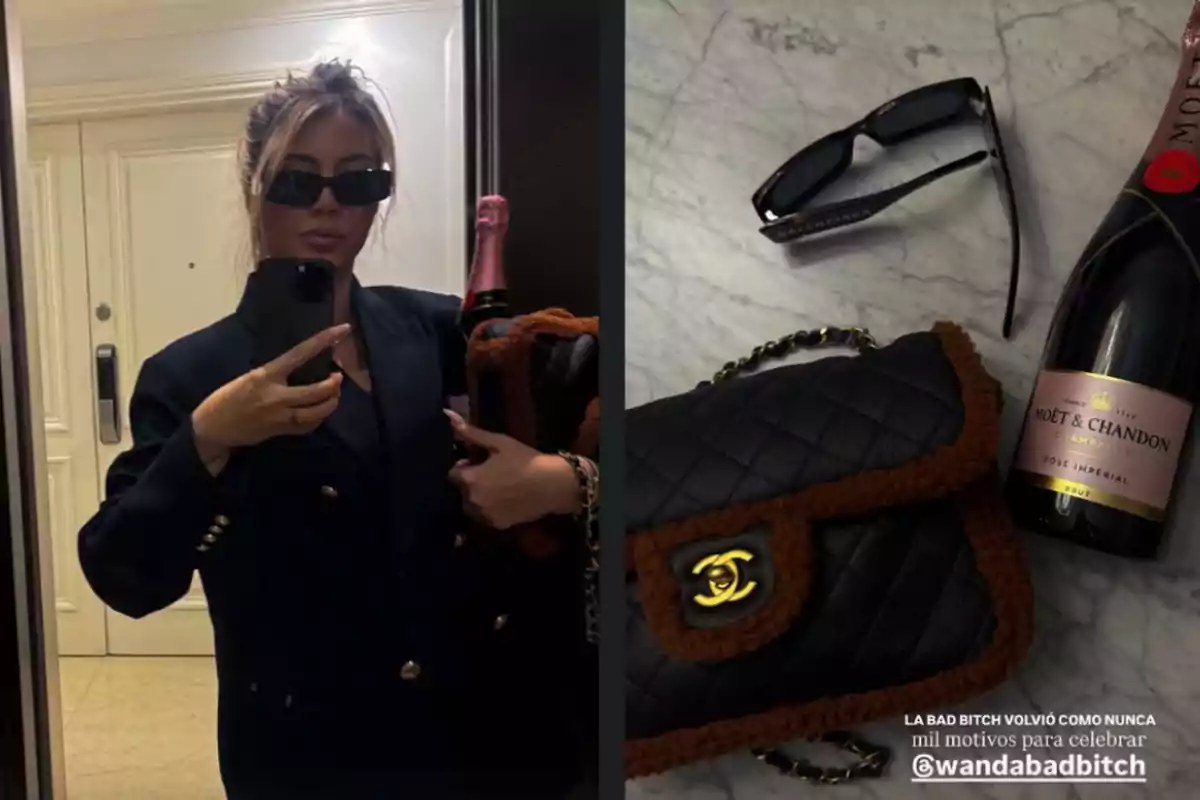 A person with sunglasses takes a selfie in a mirror holding a bottle of champagne and a top-level handbag, while in the other image the handbag, the bottle, and a pair of glasses are seen on a marble surface. A person with sunglasses takes a selfie in a mirror holding a bottle of champagne and a top-level handbag, while in the other image the handbag, the bottle, and a pair of glasses are seen on a marble surface.