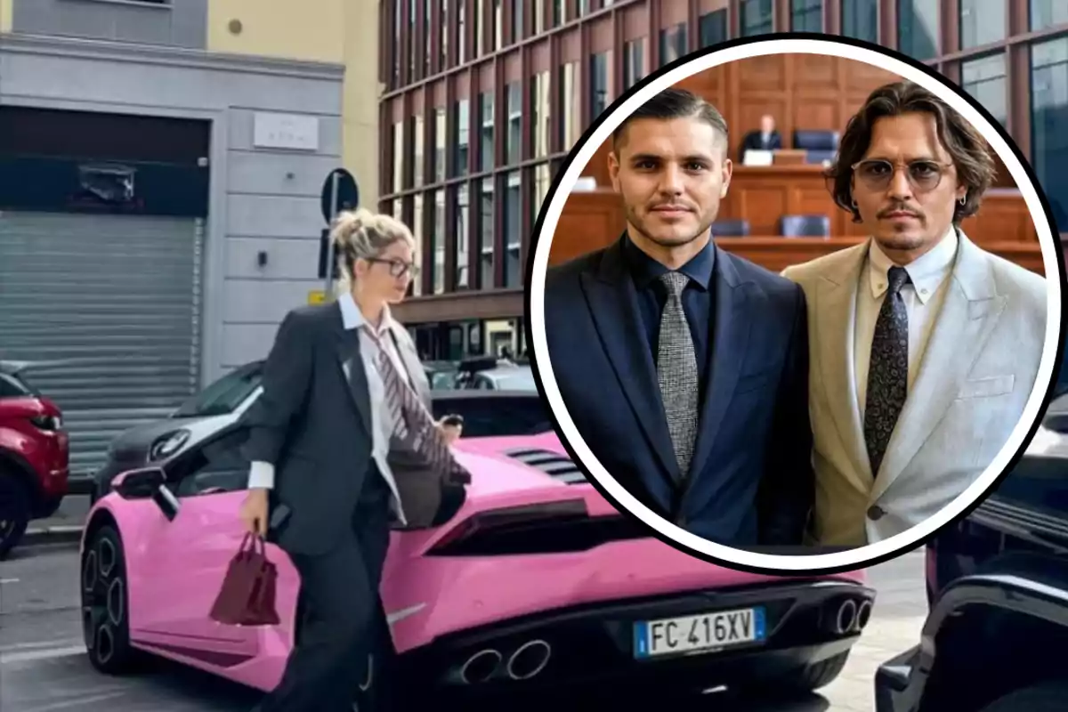 A woman in a suit and tie walks next to a pink sports car while holding a handbag; in the upper right corner, there is a circle with two men in suits posing together in what appears to be a courtroom.