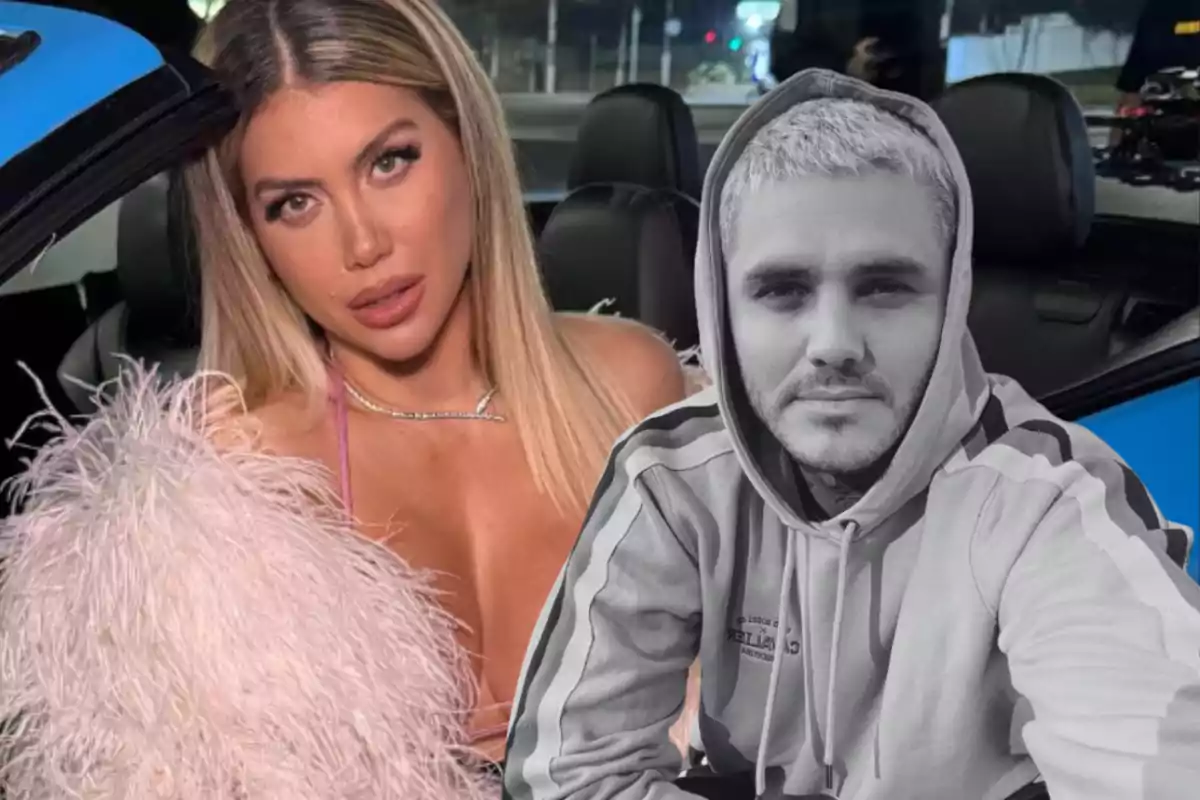 A woman with blonde hair and a feathered coat poses in a blue convertible next to a man wearing a black and white hoodie.