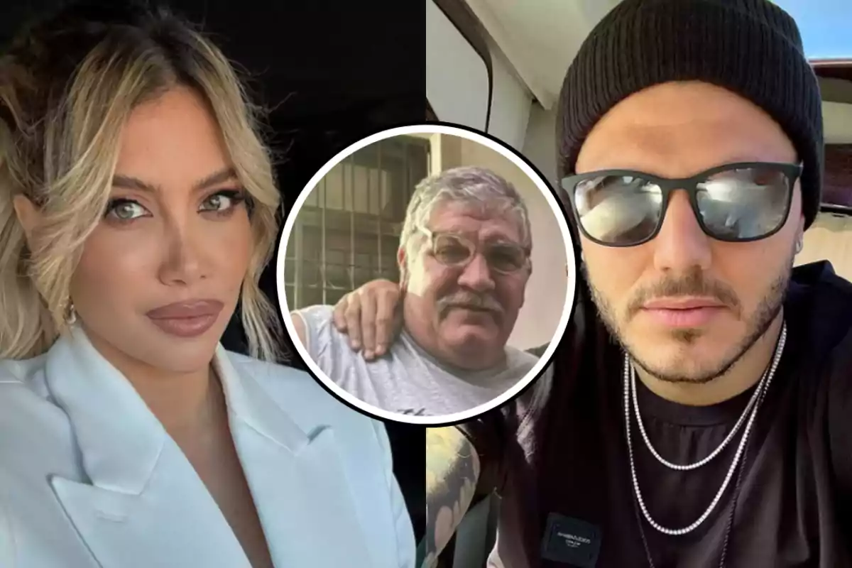 A blonde woman in a white jacket on the left, a man with a black cap and dark glasses on the right, and in the center a circular frame with the image of an older man with a mustache and glasses.