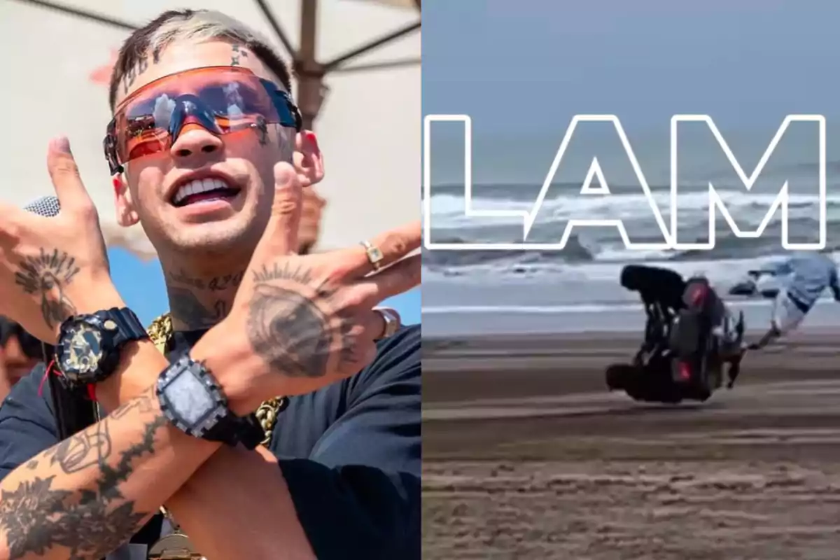 Un hombre con tatuajes y gafas de sol posa con los brazos cruzados, mientras en la otra imagen se ve un accidente en la playa con un vehículo volcado.