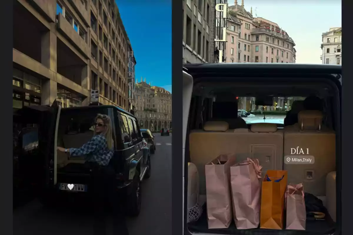 A woman opens the trunk of a black SUV parked on a street in Milan, Italy, and there are several shopping bags in the trunk. A woman opens the trunk of a black SUV parked on a street in Milan, Italy, and there are several shopping bags in the trunk.