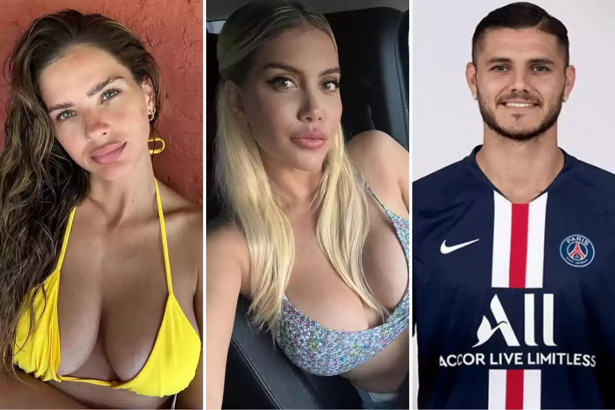 Tres personas posando en diferentes imágenes, dos mujeres y un hombre, una de las mujeres lleva un bikini amarillo, la otra un top floral, y el hombre viste una camiseta de fútbol del PSG.