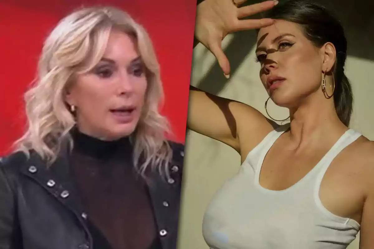 Dos mujeres aparecen en la imagen, una con cabello rubio y chaqueta negra sobre un fondo rojo, la otra con cabello oscuro recogido, usando una camiseta blanca sin mangas y grandes aretes, cubriéndose del sol con la mano.