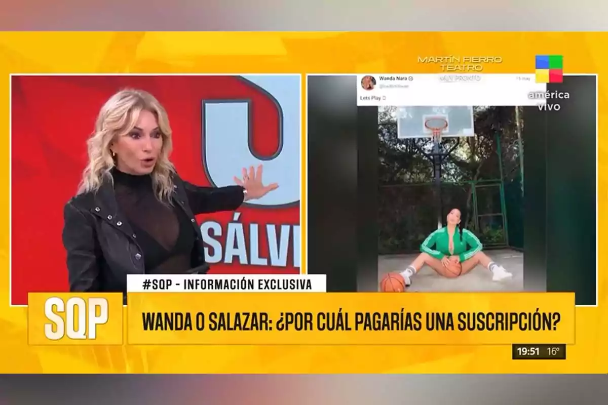 Conductora de televisión rubia con chaqueta negra gesticulando frente a una pantalla dividida que muestra una foto de una mujer en ropa deportiva sentada en una cancha de básquetbol con un balón, acompañada de gráficos y textos de un programa de espectáculos. Conductora de televisión rubia con chaqueta negra gesticulando frente a una pantalla dividida que muestra una foto de una mujer en ropa deportiva sentada en una cancha de básquetbol con un balón, acompañada de gráficos y textos de un programa de espectáculos.