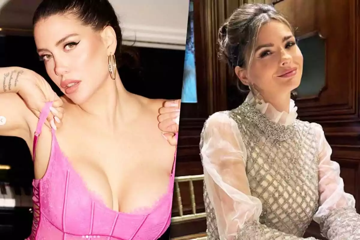 Two women posing, one in a pink dress (Wanda Nara) and the other in an elegant silver mesh dress (China Suárez).