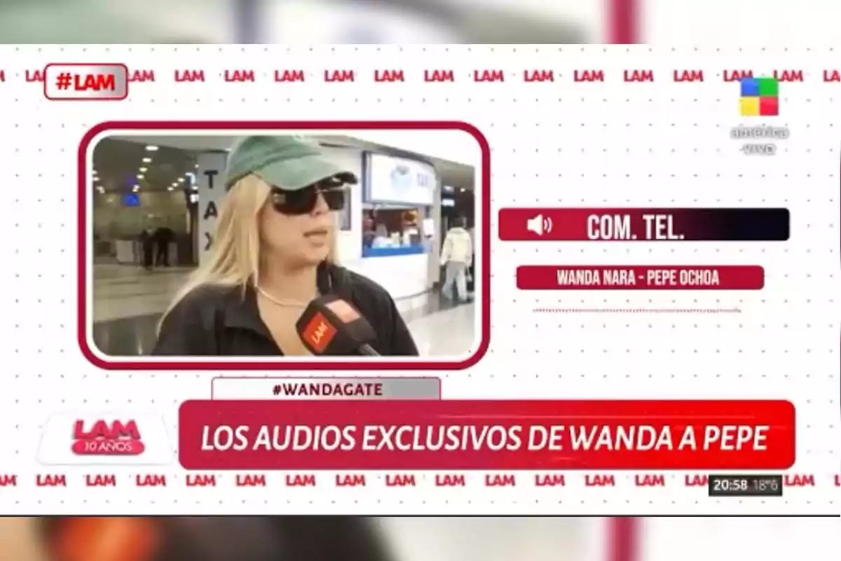 Una persona con gorra y gafas de sol es entrevistada por un micrófono de LAM en un lugar público, mientras en la pantalla se muestra el texto Una persona con gorra y gafas de sol es entrevistada por un micrófono de LAM en un lugar público, mientras en la pantalla se muestra el texto