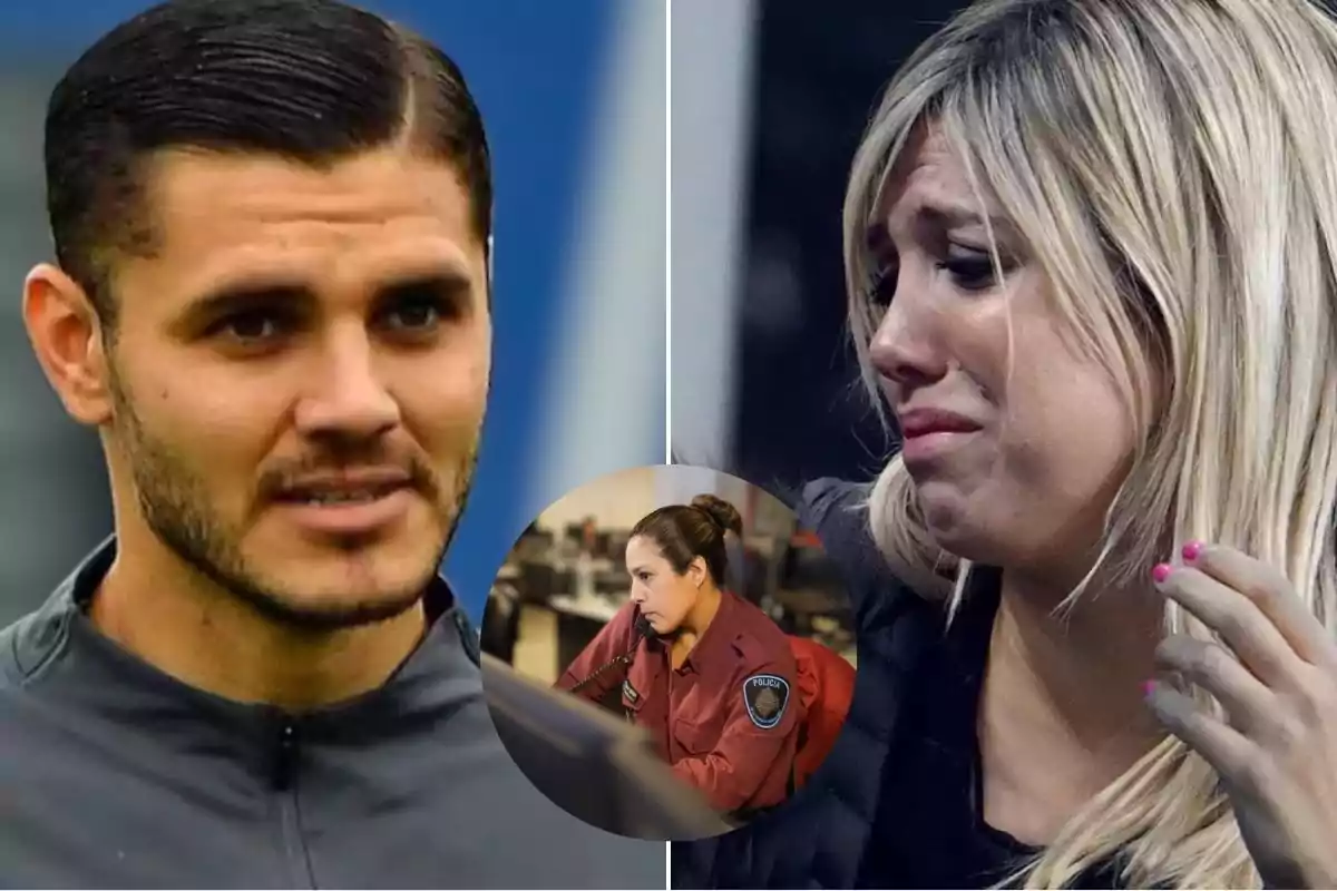 Mauro Icardi y Wanda Nara llorando con una imagen circular de una oficial de policía en el centro atendiendo una llamada al 911.