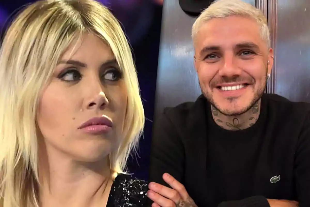 Dos personas aparecen en un montaje fotográfico, una mujer con cabello rubio mirando hacia un lado (Wanda Nara) y un hombre con cabello corto y claro sonriendo (Mauro Icardi).