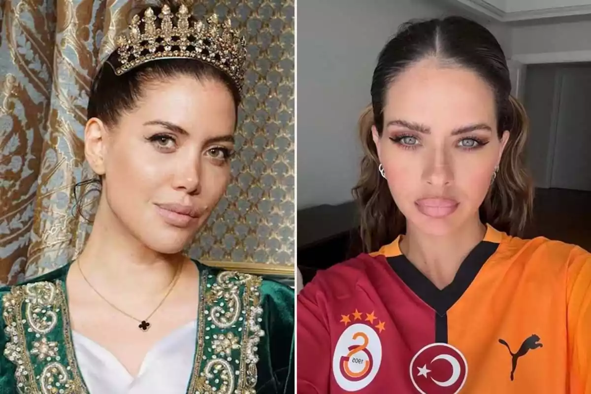 Una mujer con una corona y un vestido verde adornado (Wanda Nara) está junto a otra imagen de ella con una camiseta deportiva del Galatasaray (La China Suárez).