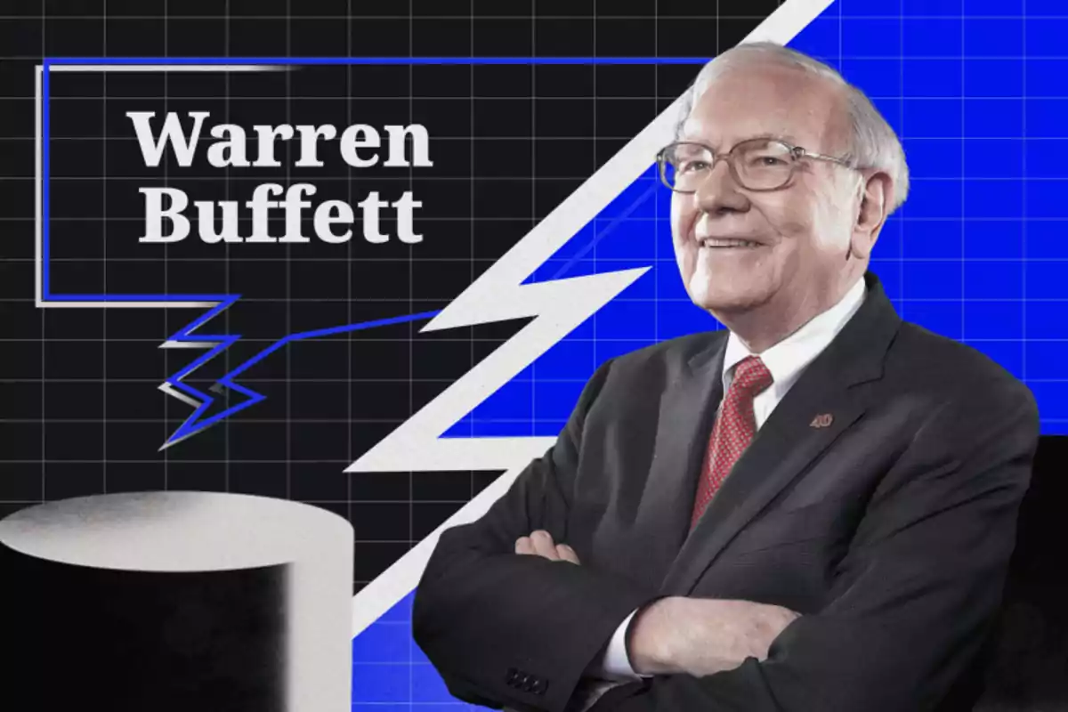 An older man in a suit and red tie smiles in front of a blue and black background with a geometric design and text in a box. An older man in a suit and red tie smiles in front of a blue and black background with a geometric design and text in a box.