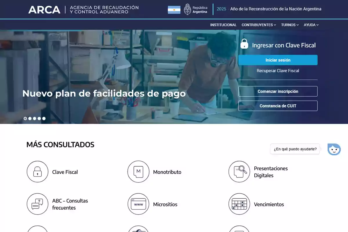 Homepage of the Argentine Revenue and Customs Control Agency with options to log in with a tax code, sign in, register, and check CUIT, as well as quick access to services such as monotributo, digital filings, and frequently asked questions. Homepage of the Argentine Revenue and Customs Control Agency with options to log in with a tax code, sign in, register, and check CUIT, as well as quick access to services such as monotributo, digital filings, and frequently asked questions.
