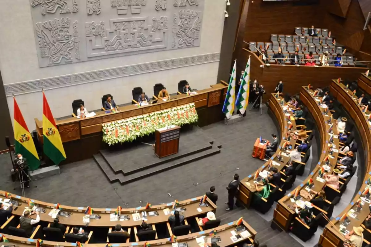 Una sesión en el parlamento de Bolivia con banderas y personas sentadas en un hemiciclo. Una sesión en el parlamento de Bolivia con banderas y personas sentadas en un hemiciclo.