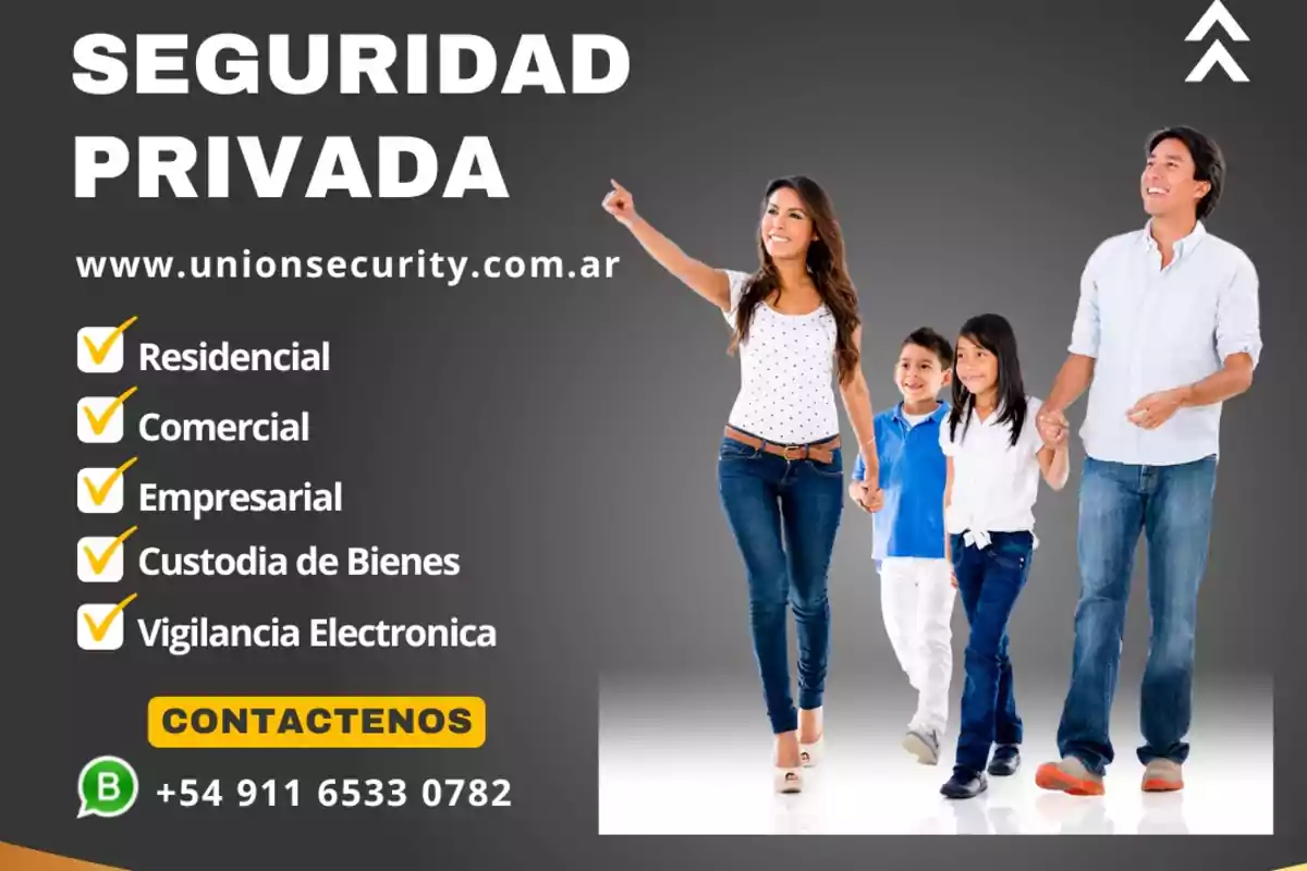 Imagen de un anuncio de seguridad privada con una familia caminando de la mano y una lista de servicios como residencial, comercial, empresarial, custodia de bienes y vigilancia electrónica, junto con un número de contacto de WhatsApp.