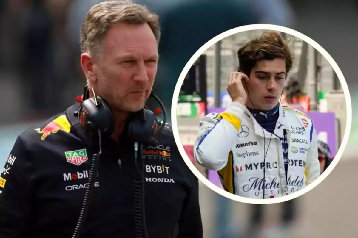 Un hombre con auriculares y chaqueta de equipo de carreras junto a un joven piloto con traje de carreras en un recuadro.