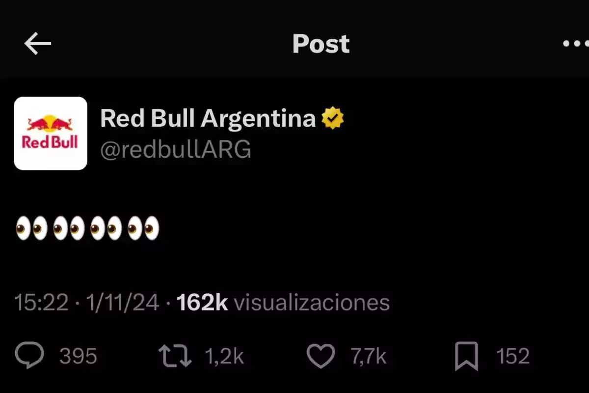 Publicación de Red Bull Argentina en redes sociales con varios emojis de ojos y estadísticas de interacción.