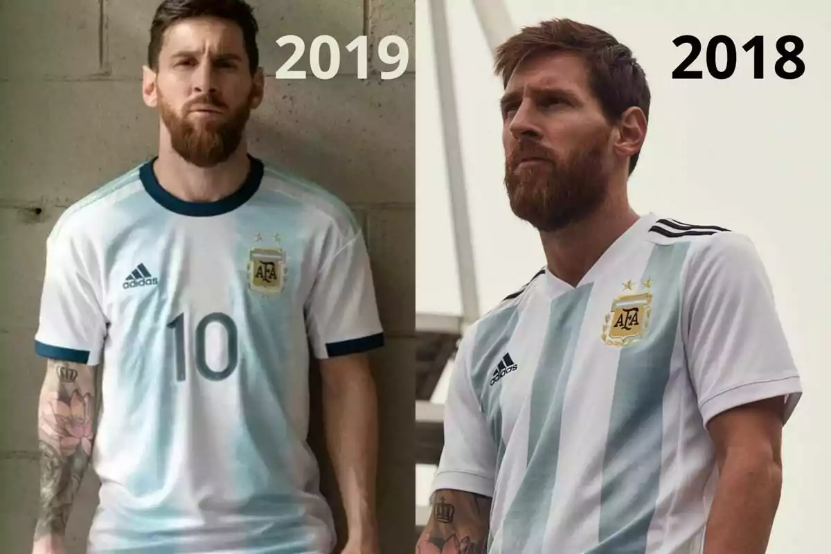 Dos imágenes de un jugador de fútbol con la camiseta de la selección argentina en los años 2019 y 2018.