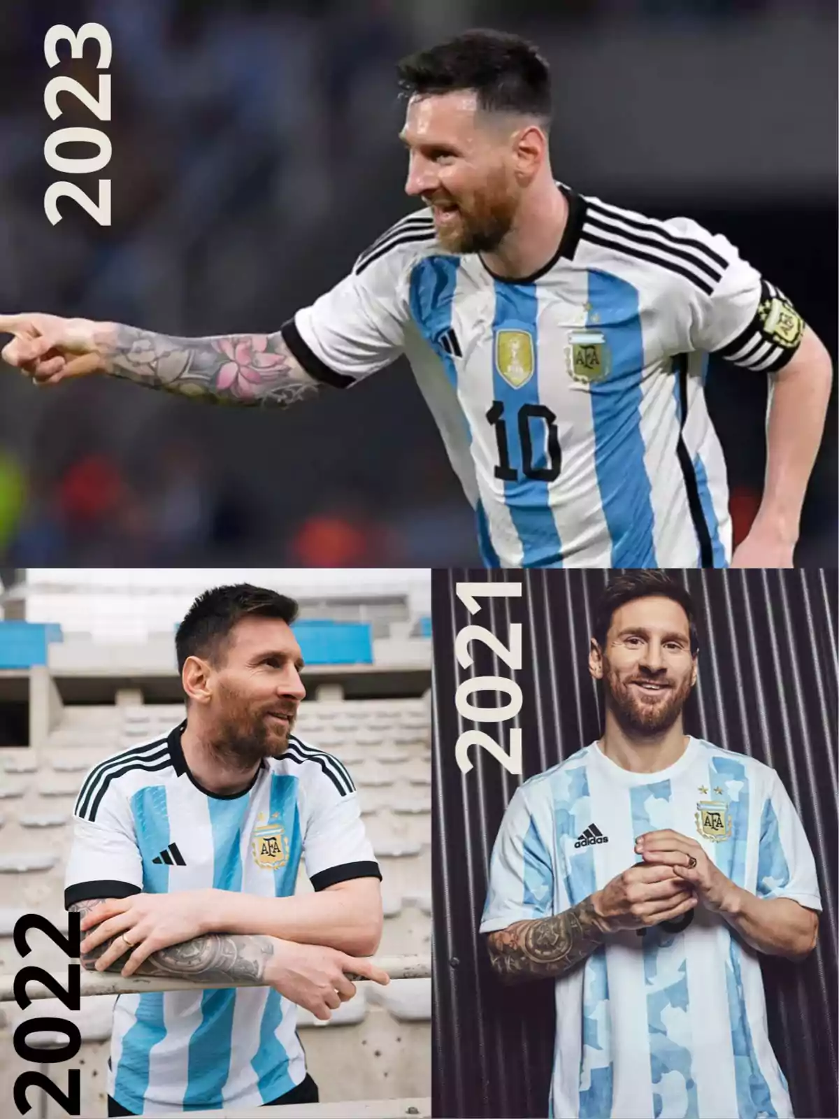 Tres imágenes de un futbolista con la camiseta de Argentina en los años 2023, 2022 y 2021.