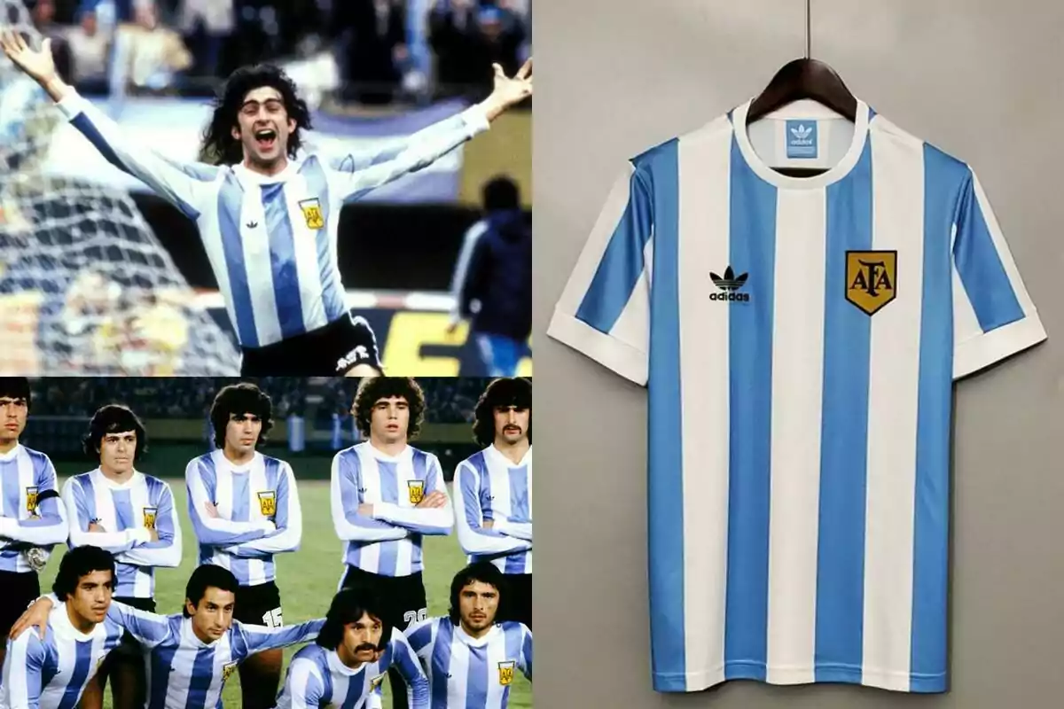 Jugadores de fútbol celebrando y posando con la camiseta de la selección argentina junto a una imagen de la camiseta colgada.