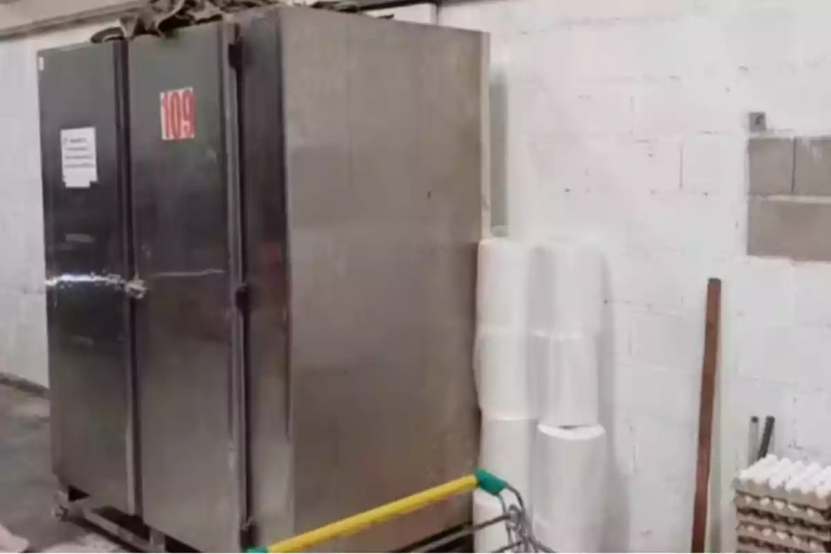 Un refrigerador industrial de metal junto a una pared blanca con rollos de papel y un carrito de supermercado.