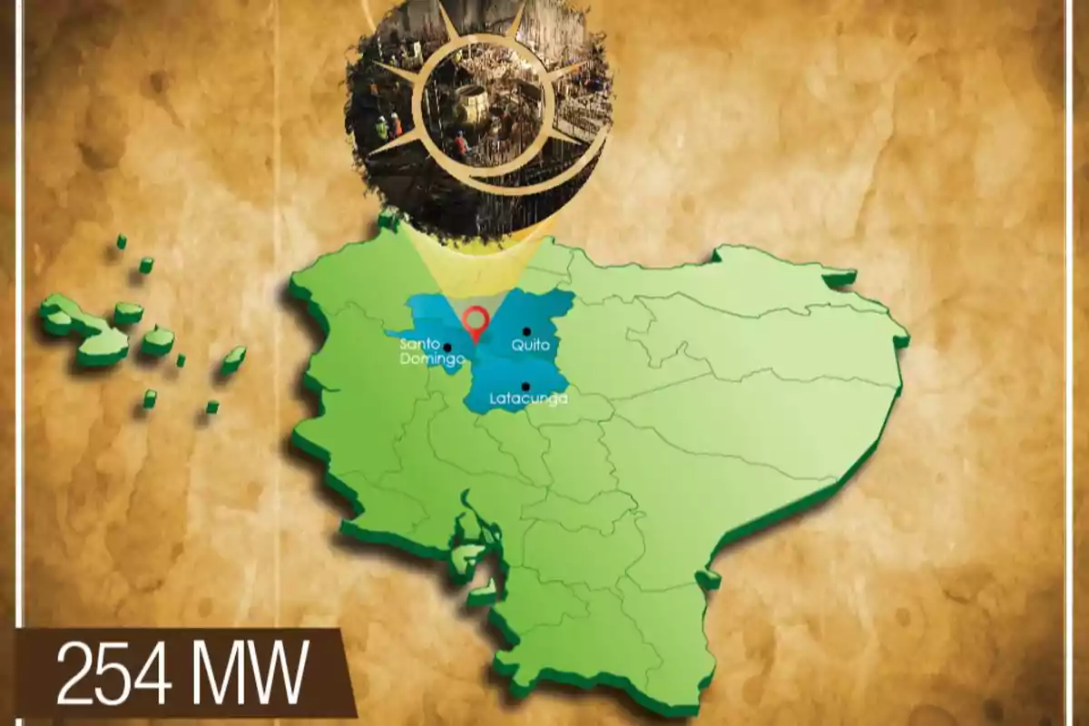 Mapa de Ecuador resaltando Quito Santo Domingo y Latacunga con un gráfico de 254 MW y una imagen circular en la parte superior mostrando una construcción.